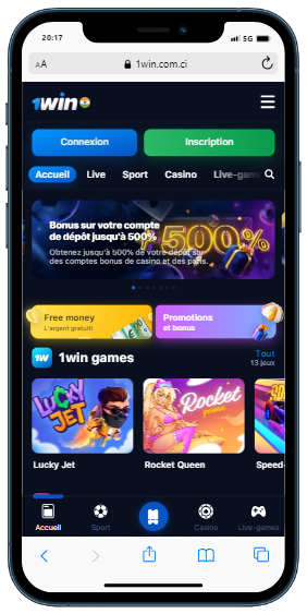 Téléphone mobile affichant l'interface du casino « 1win » avec une option de connexion, une bannière promotionnelle et une miniature du jeu