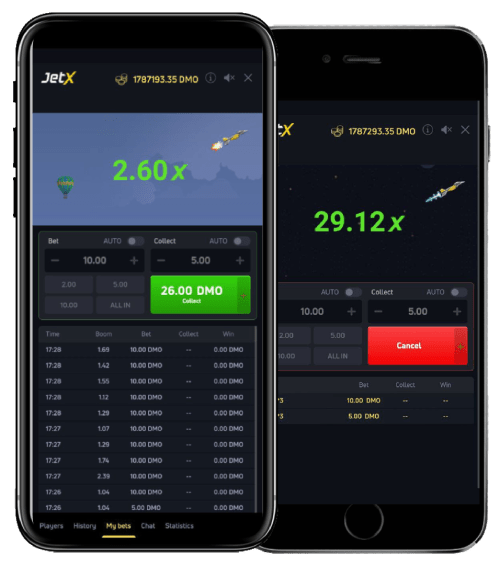 Two mobile phones displaying the JetX game interface with different multipliers, one at 2.60x and the other at 29.12x, showing betting options and a currency balance