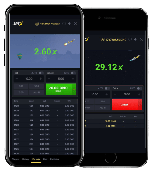 Dois celulares exibindo a interface do jogo JetX com multiplicadores diferentes, um de 2,60x e outro de 29,12x, mostrando opções de apostas e saldo de moeda