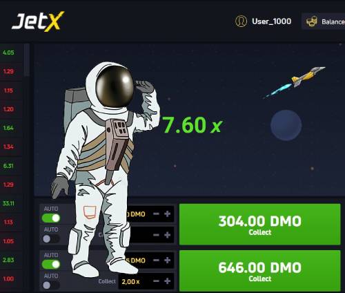 Captura de tela da interface do jogo JetX mostrando um astronauta, um foguete em vôo com um multiplicador de 7,60x e dois botões Coletar com valores