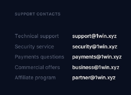 Support contact 1win showing email addresses for technical support, security service, payments questions, commercial offers, and affiliate program on a dark background