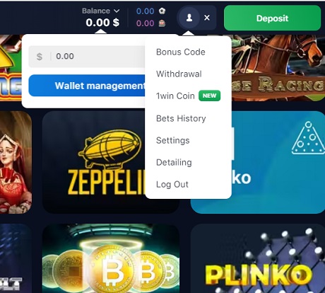 Dropdown menu open on 1win casino displaying options like Bonus Code, Withdrawal, 1win Coin, Bets History, Settings, Detailing, and Log Out, with a blurred background showing various gambling game logos