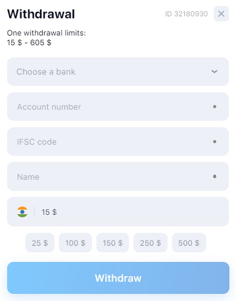Withdrawal interface 1win with limits stated as 15 to 605 USD, options to choose a bank, enter account number, IFSC code, and name, preset withdrawal amounts in USD, and a 'Withdraw' button at the bottom