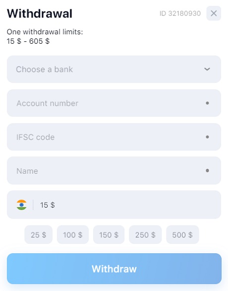 Interface de saque 1win com limites declarados de 15 a 605 USD, opções para escolher um banco, inserir o número da conta, código IFSC e nome, valores de saque predefinidos em USD e um botão 'Sacar' na parte inferior