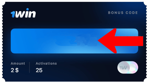 1win bonus code input field with a red arrow, and text below displaying 'Amount $2' and 'Activations 25'