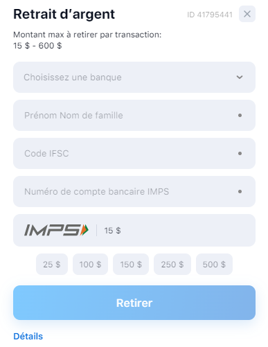 Interface de retrait de 1win avec différentes options pour le système de paiement IMPS