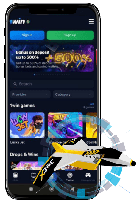 Mobile phone displaying '1win' online casino interface with a sign-in option, a '500% bonus on deposit' promotion, and game thumbnails, alongside a graphic of a yellow jet labeled 'JetX'