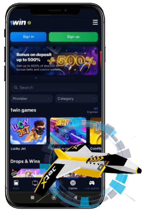 Celular exibindo interface de cassino online '1win' com opção de login, promoção de 'bônus de 500% no depósito' e miniaturas de jogos, ao lado de um gráfico de um jato amarelo rotulado 'JetX'