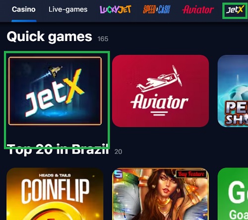 Screen section from an 1win casino showing 'Quick games' with logos of games such as 'JetX', 'Aviator', and others