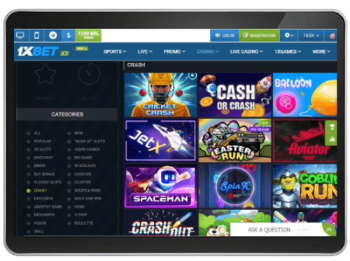 Tablet displaying the homepage of 1xbet with various game options such as 'JetX' and others, under the categories section of crash games