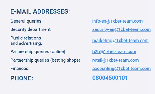 Contact information 1xbet showing e-mail addresses for general queries, security department, public relations and advertising, online partnership queries, betting shop partnership queries, and finances for a company, along with a customer service phone number
