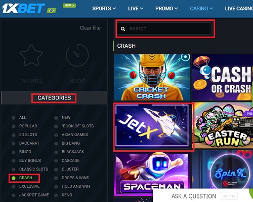 Captura de tela exibindo a seção de jogos Crash da 1xbet com várias opções de jogos, como ‘JetX’ e outros