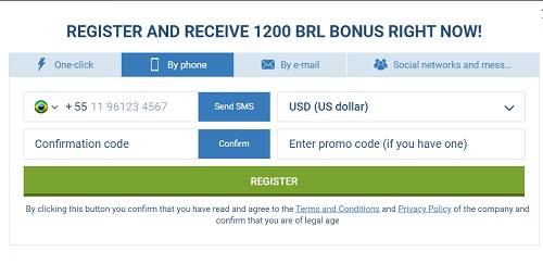 Registration form of 1xbet offering a 1200 BRL bonus with options to sign up 'One-click', 'By phone', 'By email', or 'Social networks and messenger'. Includes fields for phone number, currency selection, confirmation code, and a promotional code, with a green 'REGISTER' button