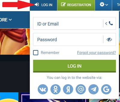 Screenshot of a login dropdown menu on a 1xbet with fields for 'ID or Email' and 'Password', a 'Remember' checkbox, 'Forgot your password?' link, and a green 'LOG IN' button. Below are icons for alternative login options via social networks
