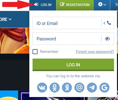 Captura de tela de um menu suspenso de login em uma 1xbet com campos para ‘ID ou e-mail’ e ‘Senha’, uma caixa de seleção ‘Lembrar’, ‘Esqueceu sua senha?’ link e um botão verde 'LOG IN'. Abaixo estão ícones para opções alternativas de login via redes sociais