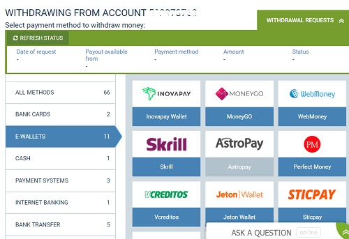 Web page interface 1xbet for 'WITHDRAWING FROM ACCOUNT' with options to select payment methods. Includes tabs for 'All methods,' 'Bank Cards,' 'E-WALLETS,' 'Cash,' 'Payment Systems,' 'Internet Banking,' and 'Bank Transfer.'