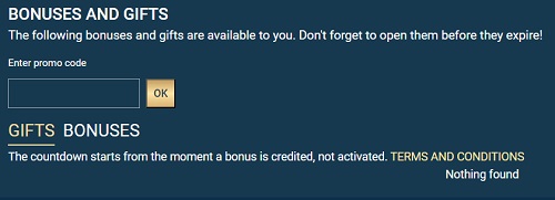 Screenshot of a 'BONUSES AND GIFTS' and 'GIFTS BONUSES' sections on a website 1xbet with a 'TERMS AND CONDITIONS' link. There is a field to enter a promo code.