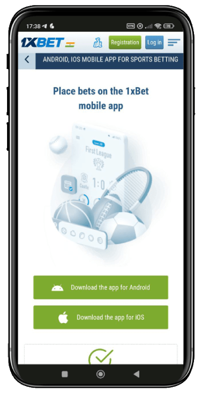 Mobile phone screen displaying option 'Place bets on the 1xBet mobile app'. There are buttons for 'Download the app for Android' and 'Download the app for iOS'.