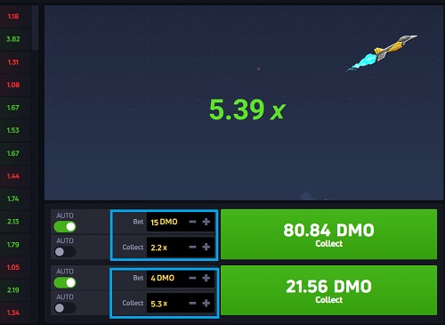 A JetX game interface displaying a rocket ascending with a multiplier value of 5.39x. Below are betting options and potential payout amounts, with 'Collect' buttons alongside auto bet settings