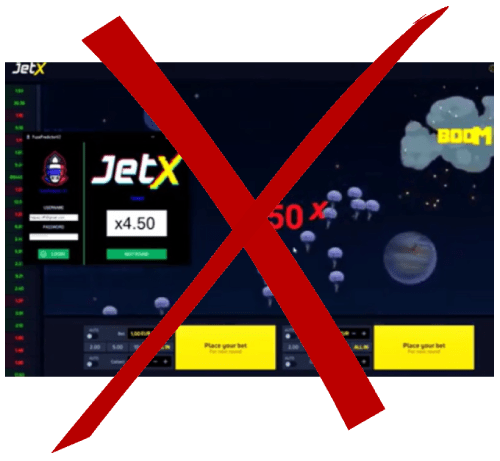 Screenshot showing JetX game interfaces, one labeled 'JetX' with a multiplier of x4.50, and the other with a 'BOOM' graphic and a multiplier of x50, overlaid with a large red 'X' indicating prohibition