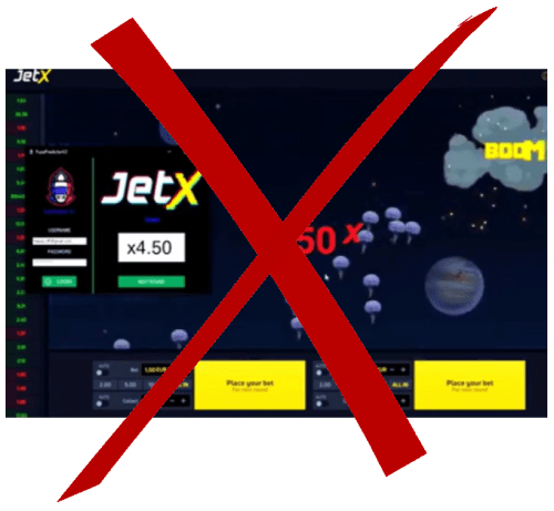 Captura de tela mostrando as interfaces do jogo JetX, uma rotulada como 'JetX' com um multiplicador de x4,50 e a outra com um gráfico 'BOOM' e um multiplicador de x50, sobreposto por um grande 'X' vermelho indicando proibição