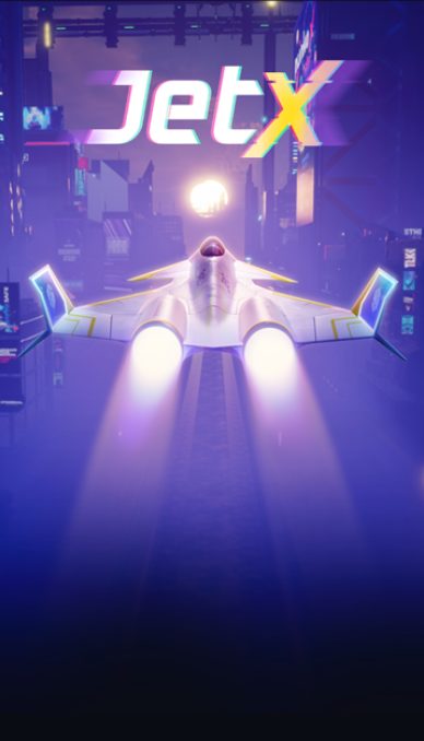 Logo du jeu JetX représentant un avion futuriste représentant un paysage urbain éclairé au néon