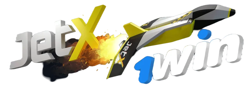 Logo 3D JetX et 1Win à proximité d'un graphique d'un avion à réaction jaune