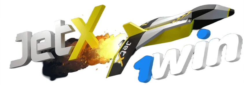 Logotipo 3D JetX e 1win perto de um gráfico de um avião a jato amarelo