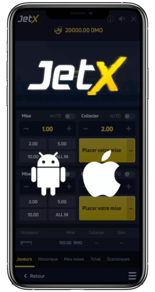Téléphone mobile affichant l'interface du jeu JetX avec les icônes Android et IOS