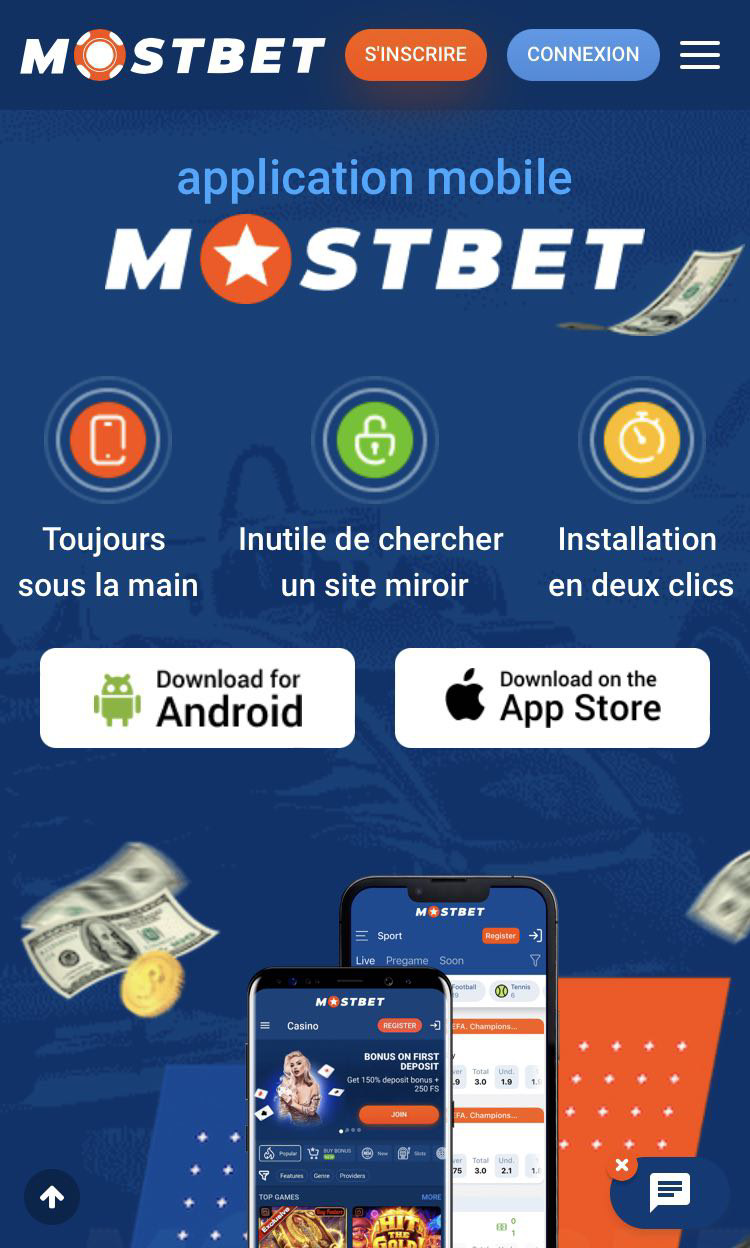 Application mobile de casino affichant des options de téléchargement pour Android et iOS