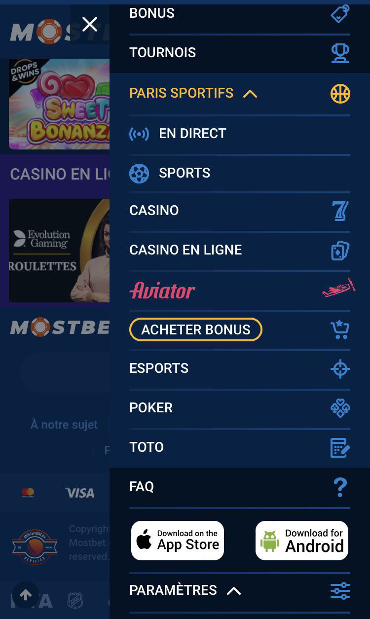 Menu de l'application de casino avec différentes catégories de jeux et options de téléchargement