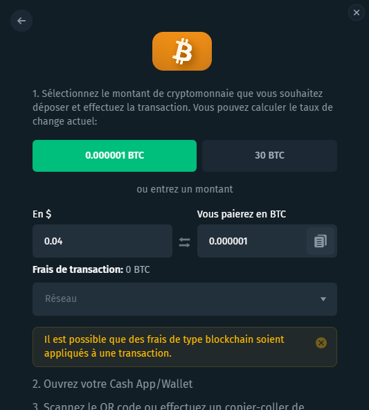 Une capture d'écran d'un Cbet avec interface de transaction en cryptomonnaie avec un logo Bitcoin