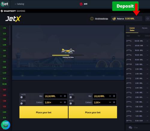 Cbet casino interface showing the 'JetX' game with a plane in flight and betting options available. A 'Deposit' button and the player's balance is indicated with a red arrow pointing to it