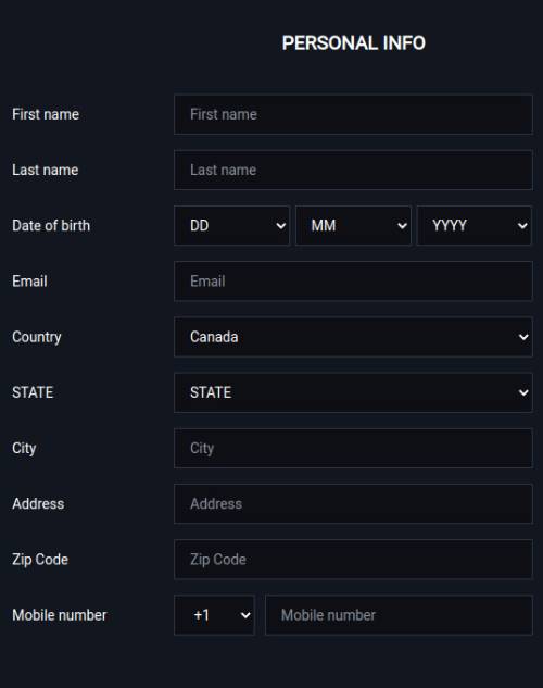 A screenshot of a Cbet casino titled 'PERSONAL INFO' with fields for First Name, Last Name, Date of Birth, Email, Country, State, City, Address, Zip Code, and Mobile Number.
