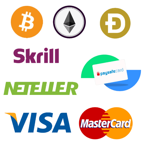 A graphic with various payment option logos: Bitcoin and Ethereum, Skrill and Neteller, Paysafecard, VISA and MasterCard.