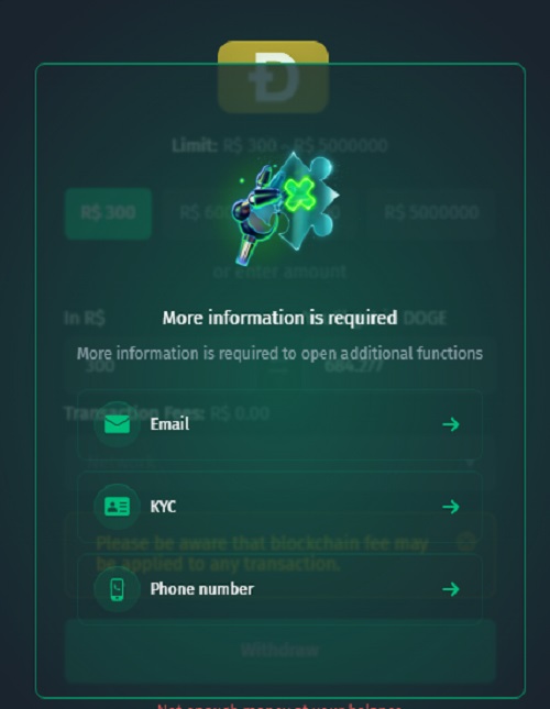 A screenshot of a Cbet with cryptocurrency transaction interface with a Dogecoin logo. Options below include Email, KYC, and Phone number, all on a luminescent green background.