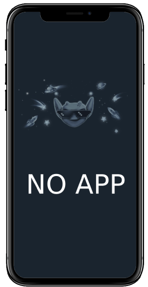 Cell phone with inscription 'No app' and image of cartoonish alien on dark background.
