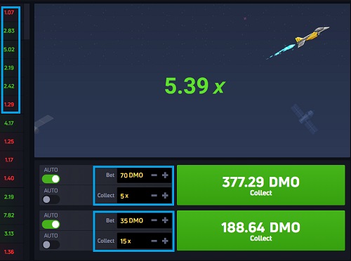 Screenshot of a JeX game interface showing a digital rocket in the space ascending with a multiplier number of 5.39x. Below the rocket are betting options such as 'Auto', 'Bet' and 'Collect' buttons with its amount.