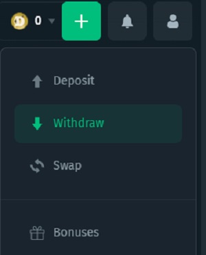 A dark-themed sidebar menu Cbet displaying icons for account functions: 'Deposit', a highlighted 'Withdraw' option, 'Swap' and 'Bonuses' with a gift icon. At the top, there's an icon of a coin with a zero balance.