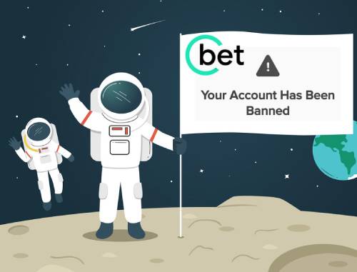 Two spacemen with flag where point a Cbet logo and warning: Your account has been blocked.