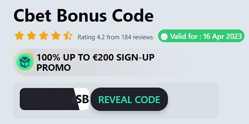 Promotional banner for Cbet with a bonus code offer displaying a 4.2 star rating from 184 reviews, a badge stating 'Valid for: 16 Apr 2023,' and a call-to-action button that says 'Reveal Code' for a 100% sign-up promo up to €200.