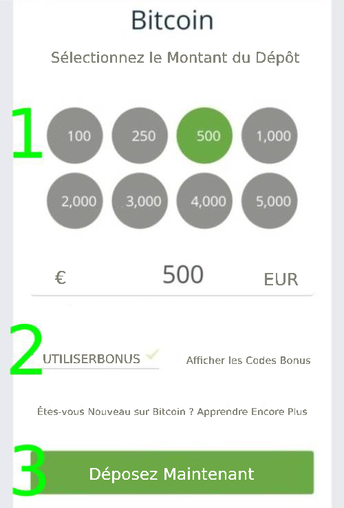 Panneau de dépôts Bitcoin avec montants prédéfinis et possibilité de saisir le code bonus