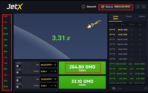 Interface screenshot of the 'JetX' online game in demo mode. The main focus is a digital rocket ascending with a multiplier of 3.31x displayed. On the left side, there are options for automated betting with different stake amounts and corresponding multipliers. The top right corner shows the user's balance as '19640.00 DMO'. Below, a panel lists current stakes, with options to collect winnings.