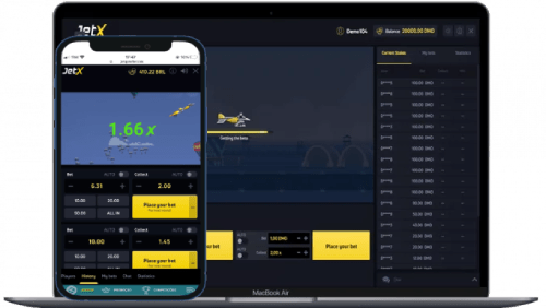 Mobile phone and laptop screens displaying the interface of an online betting game JetX, with current multiplier values, bet options, and a visual depiction of a plane in flight indicating game progress