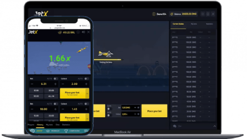 Telas de celulares e laptops exibindo a interface de um jogo de apostas online JetX, com valores multiplicadores atuais, opções de aposta e uma representação visual de um avião em vôo indicando o progresso do jogo