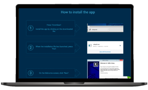 Laptop screen displaying step-by-step instructions on how to install an app, with visuals accompanying each step from downloading to installation completion