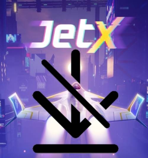 Logotipo do jogo JetX em fundo roxo com uma nave espacial estilizada, sobreposto a um grande sinal de carregamento preto riscado