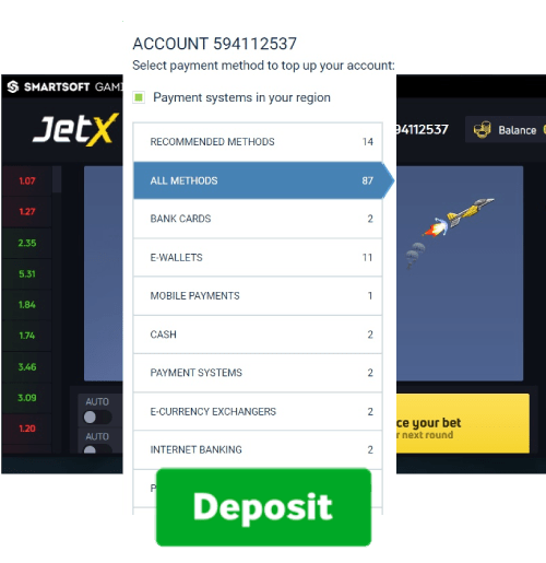 Screenshot showing a user interface for an account 594112537 on a gaming platform with payment options listed such as bank cards, e-wallets, and more, alongside a game named JetX in action with a rocket ascending and a 'Deposit' button highlighted