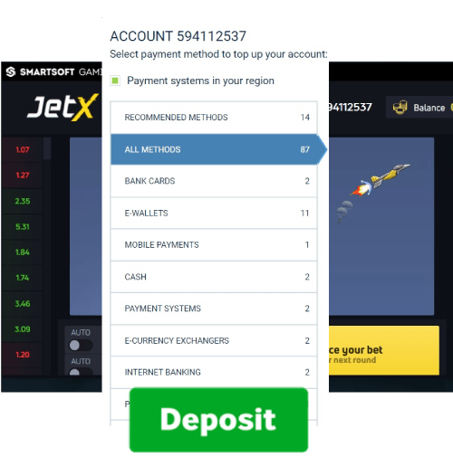 Captura de tela mostrando uma interface de usuário para uma conta 594112537 em uma plataforma de jogos com opções de pagamento listadas, como cartões bancários, carteiras eletrônicas e muito mais, ao lado de um jogo chamado JetX em ação com um foguete subindo e um botão "Depósito" destacado