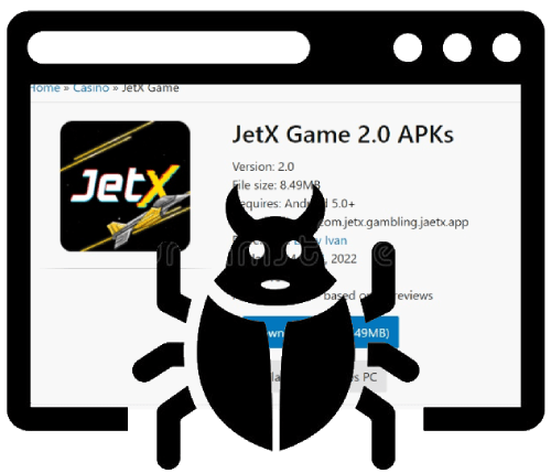 Screenshot displaying the download page for 'JetX Game 2.0 APKs' with version and file size information, above the screen a bug figure